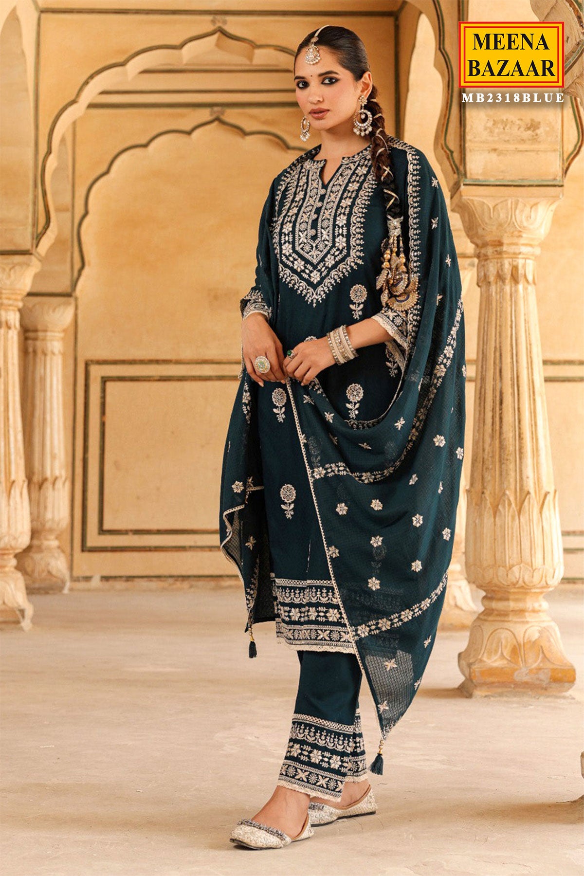 Blue Cotton Printed Suit with Thread Embroidered Neckline