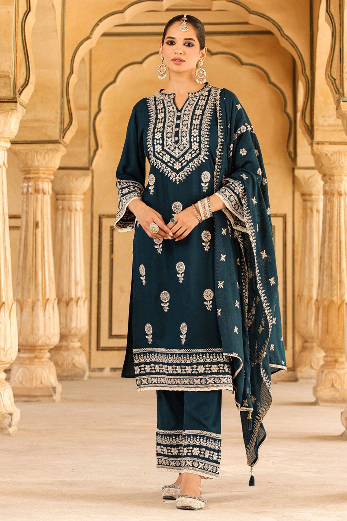 Blue Cotton Printed Suit with Thread Embroidered Neckline