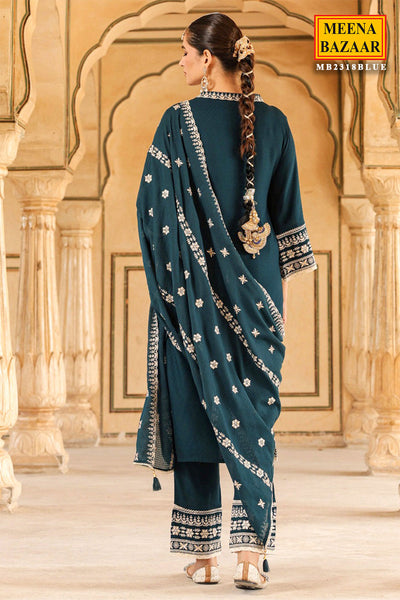 Blue Cotton Printed Suit with Thread Embroidered Neckline