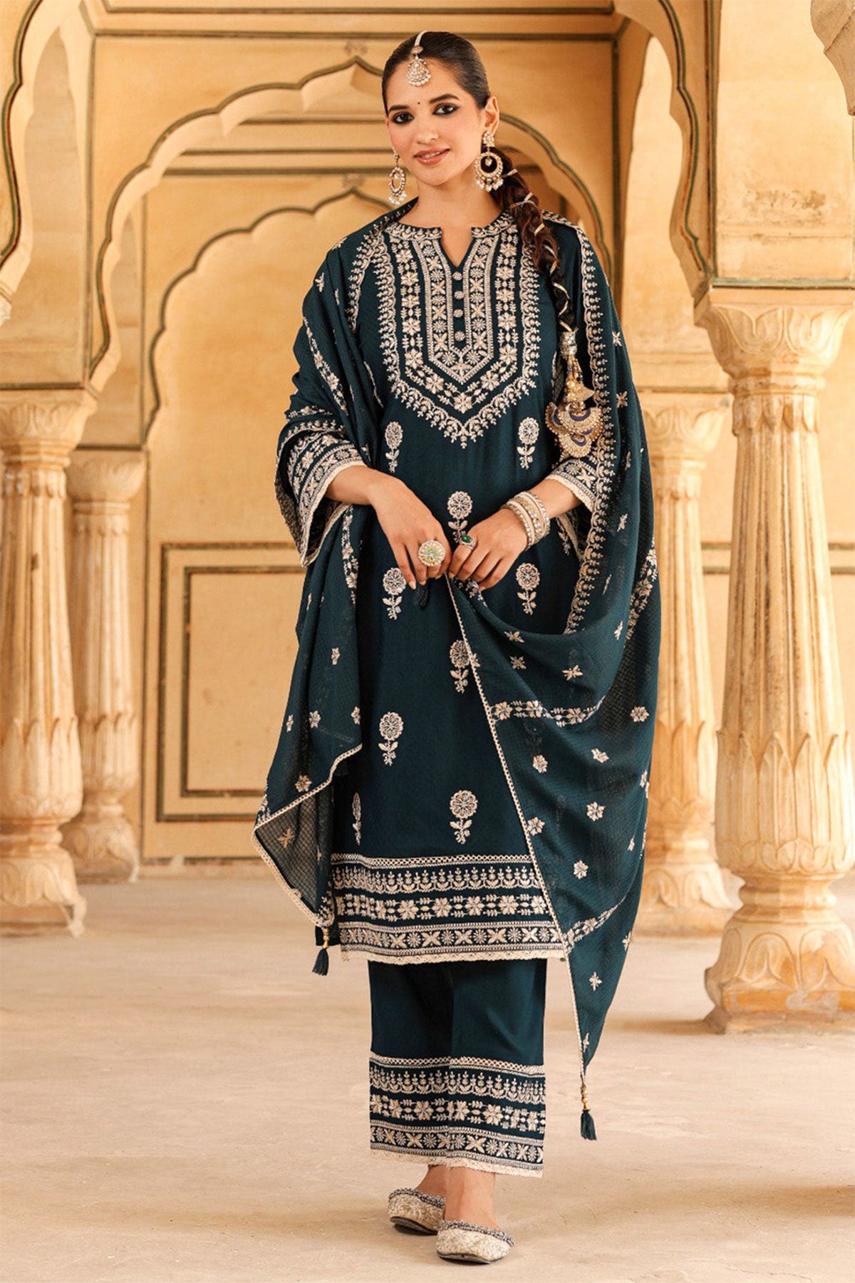 Blue Cotton Printed Suit with Thread Embroidered Neckline