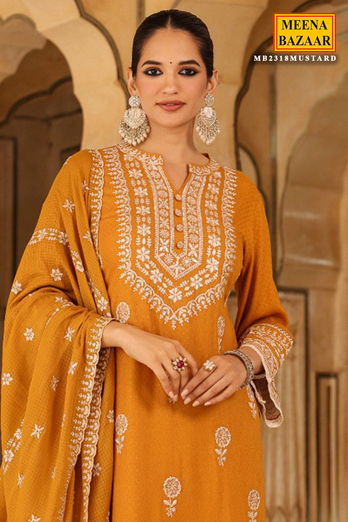 Mustard Cotton Printed Suit with Thread Embroidered Neckline