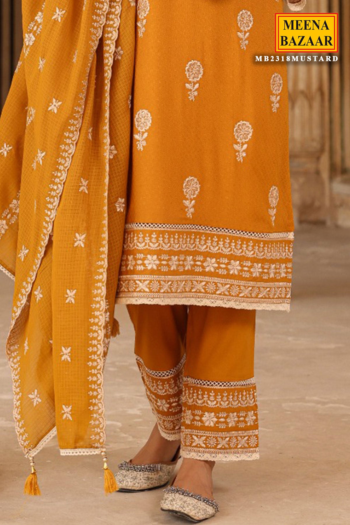 Mustard Cotton Printed Suit with Thread Embroidered Neckline