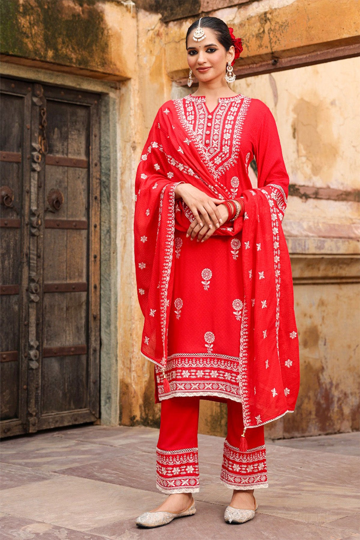 Red Cotton Printed Suit with Thread Embroidered Neckline