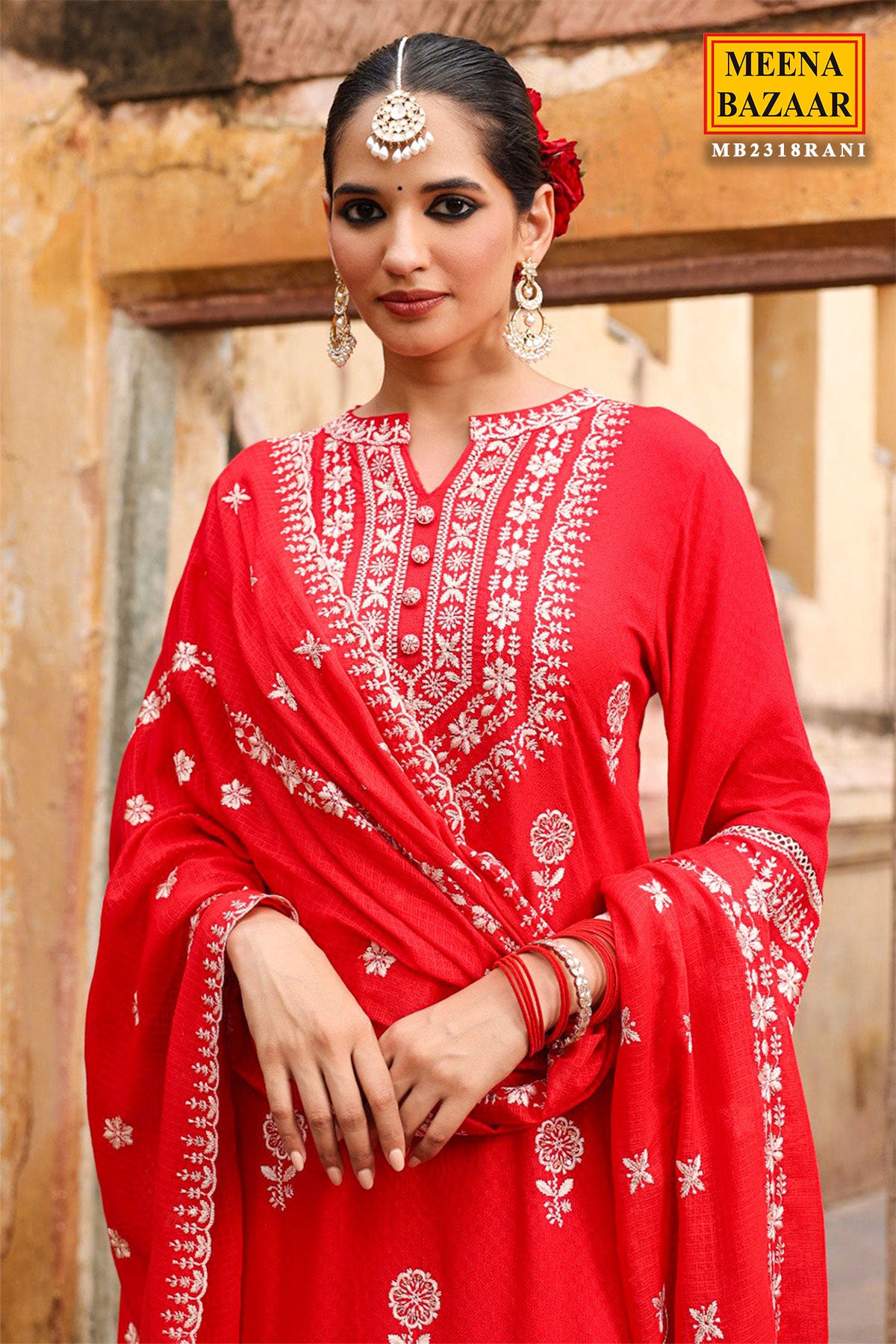 Red Cotton Printed Suit with Thread Embroidered Neckline