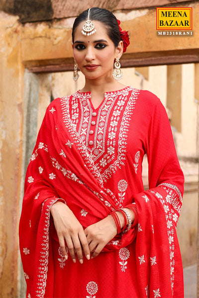 Red Cotton Printed Suit with Thread Embroidered Neckline