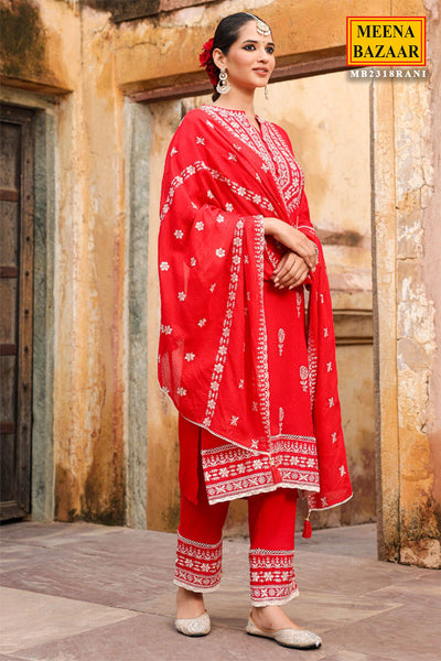 Red Cotton Printed Suit with Thread Embroidered Neckline