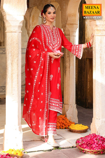 Red Cotton Printed Suit with Thread Embroidered Neckline