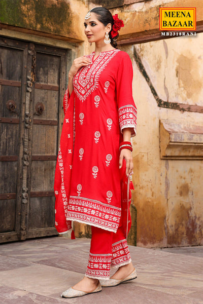 Red Cotton Printed Suit with Thread Embroidered Neckline