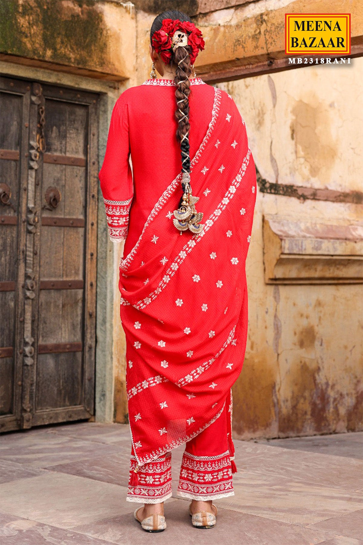 Red Cotton Printed Suit with Thread Embroidered Neckline