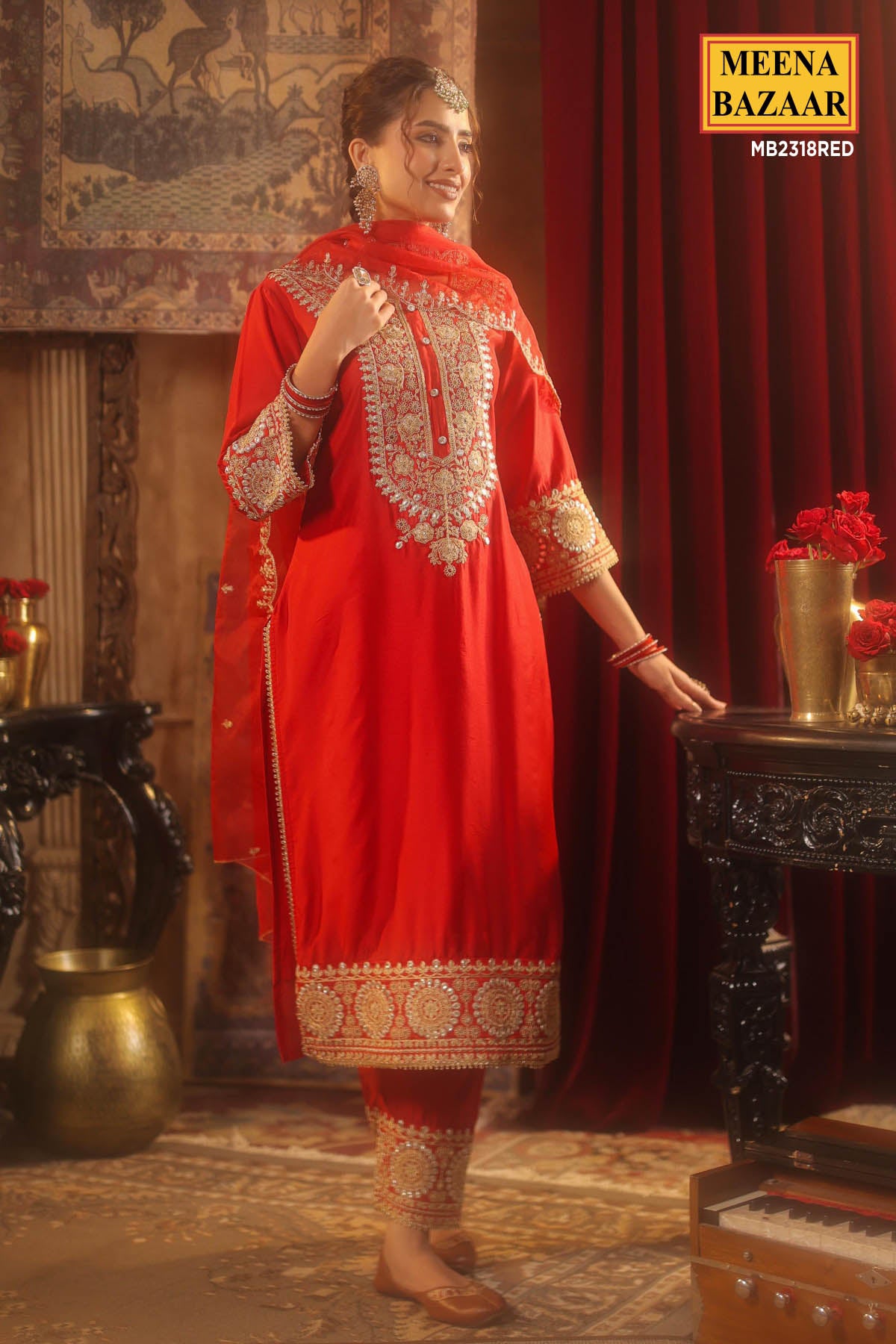 Red Chanderi Silk Sequin Embroidered Suit Set