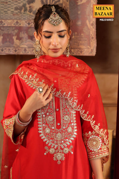 Red Chanderi Silk Sequin Embroidered Suit Set