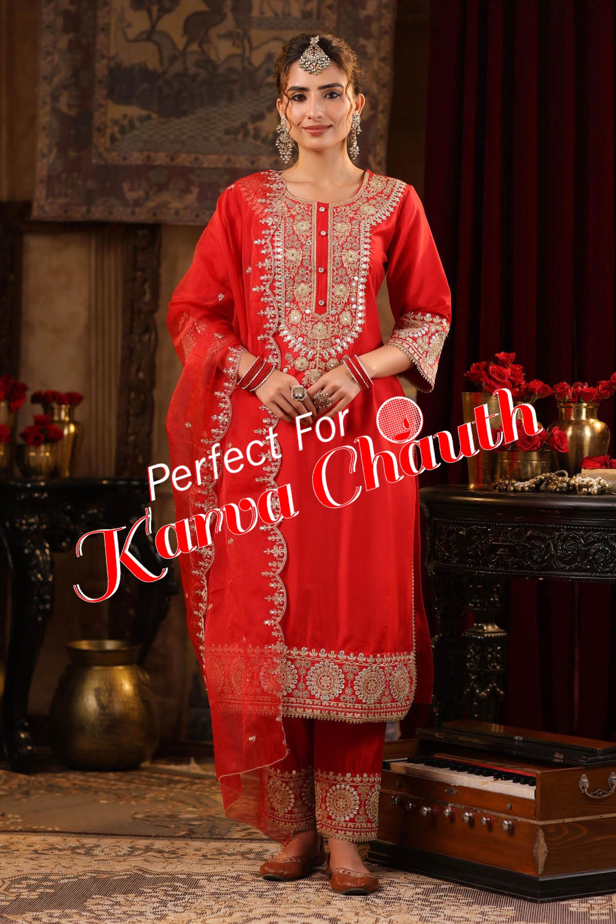 Red Chanderi Silk Sequin Embroidered Suit Set