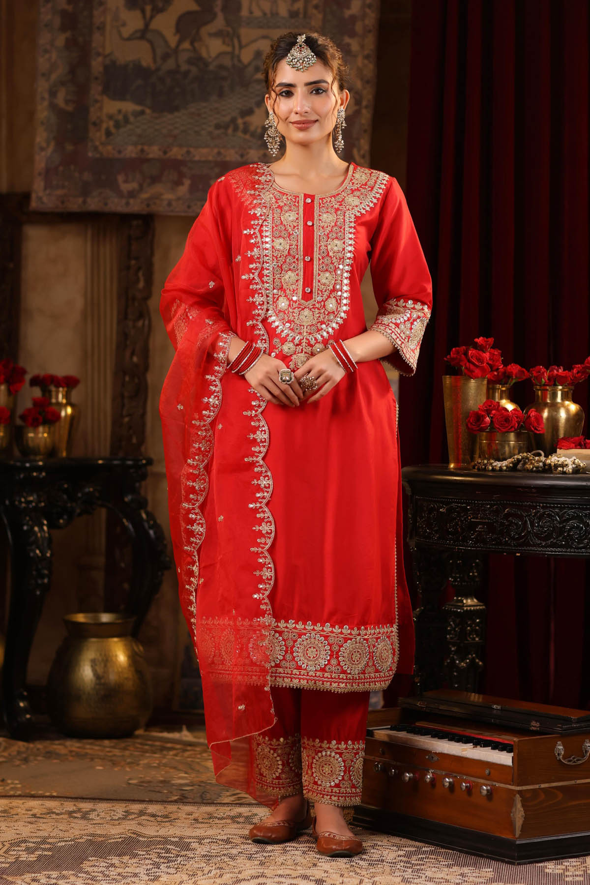 Red Chanderi Silk Sequin Embroidered Suit Set