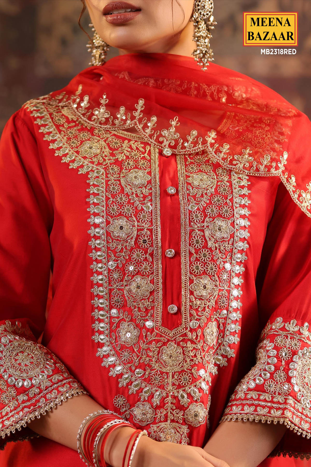 Red Chanderi Silk Sequin Embroidered Suit Set