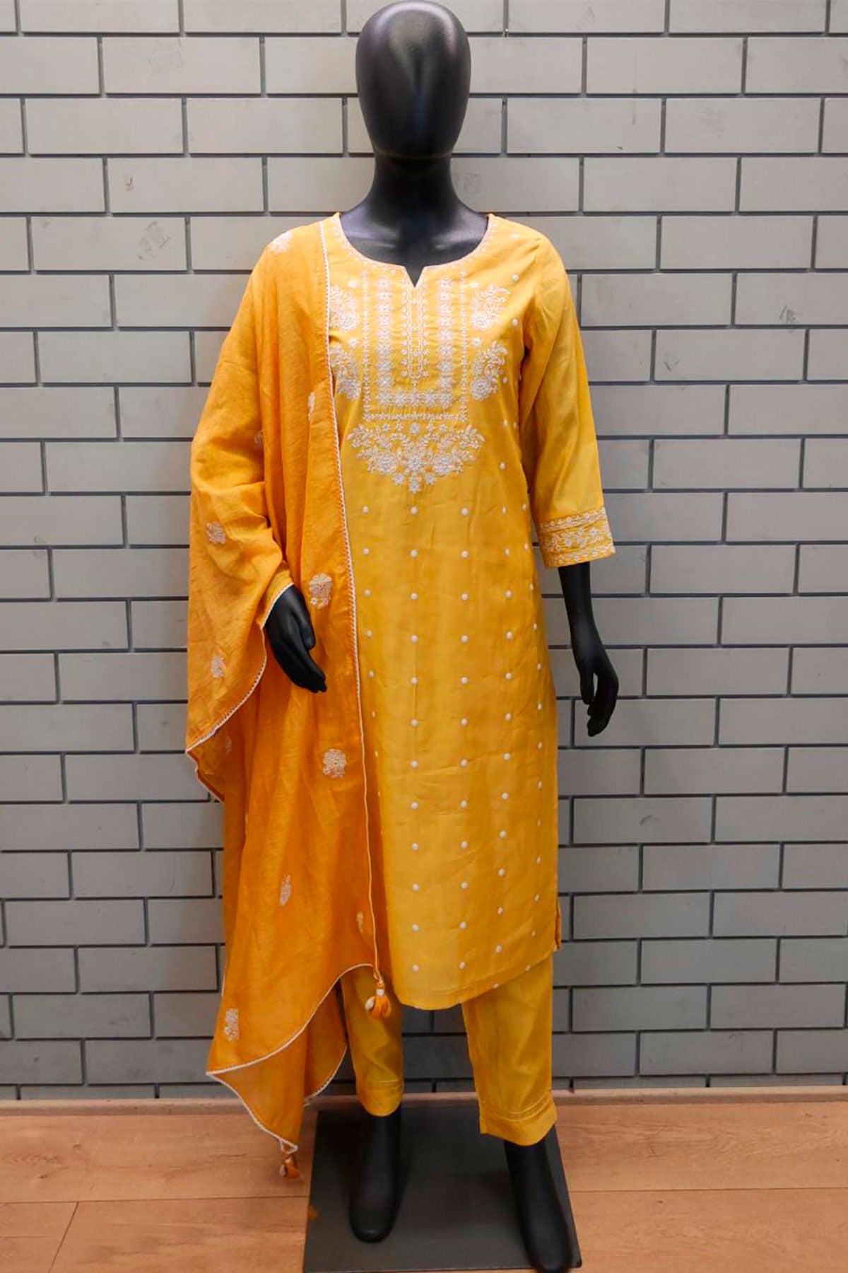 Yellow Cotton Neck Embroidered Kurta Set