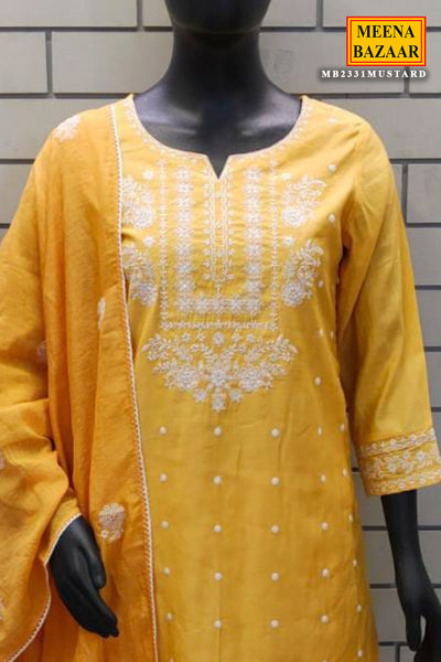 Yellow Cotton Neck Embroidered Kurta Set