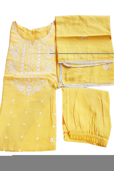 Yellow Cotton Neck Embroidered Kurta Set