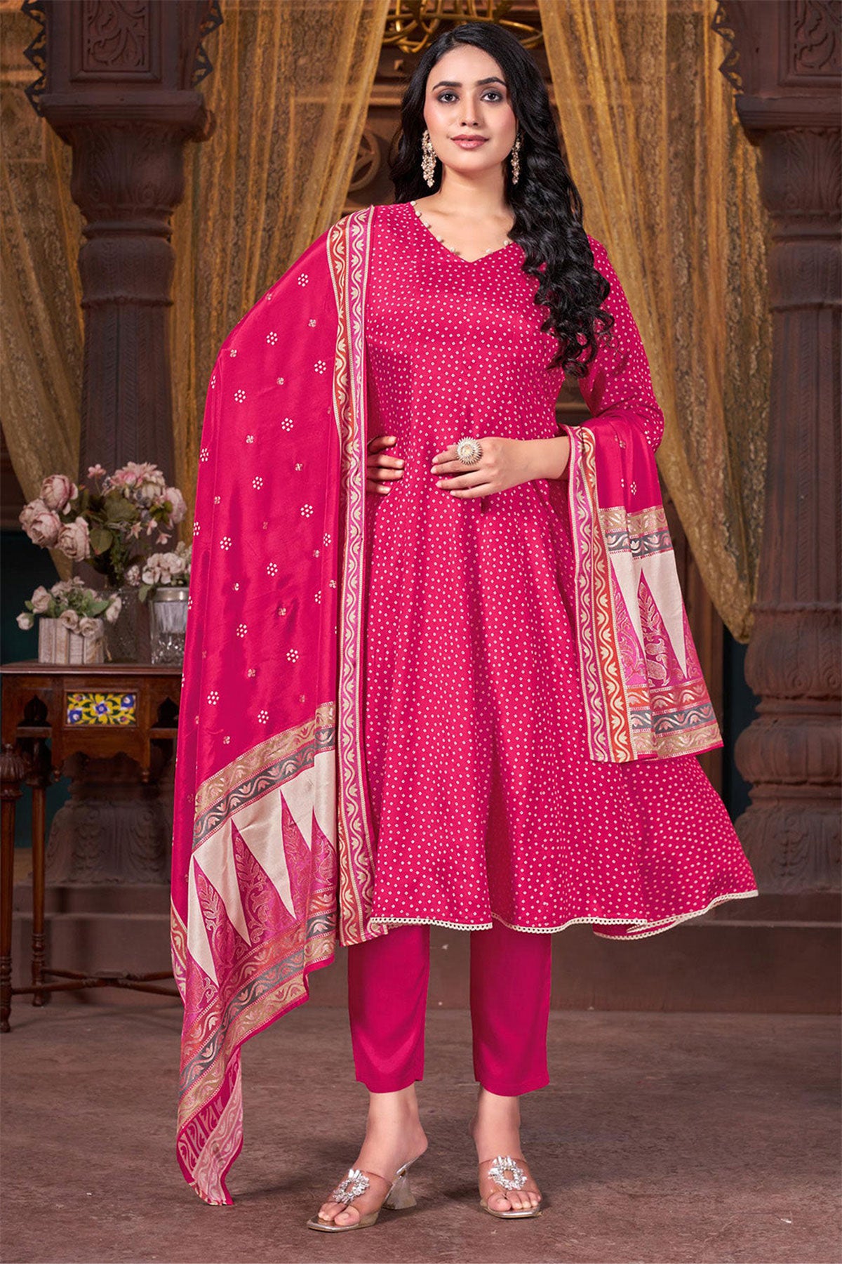 Rani Bandhani Print Cotton Silk Anarkali Suit With Dupatta Set