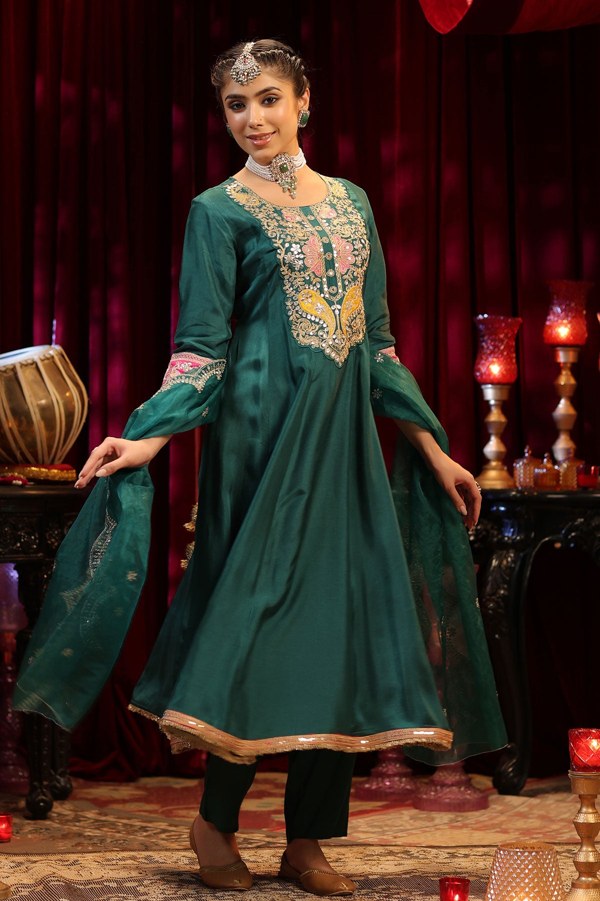 Bottle Green Dupion Silk Zari Gota Embroidered Anarkali Suit Set