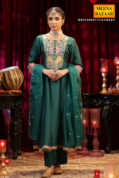 Bottle Green Dupion Silk Zari Gota Embroidered Anarkali Suit Set