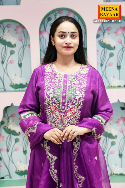 Purple Silk Embroidered Anarkali Styled Suit Set