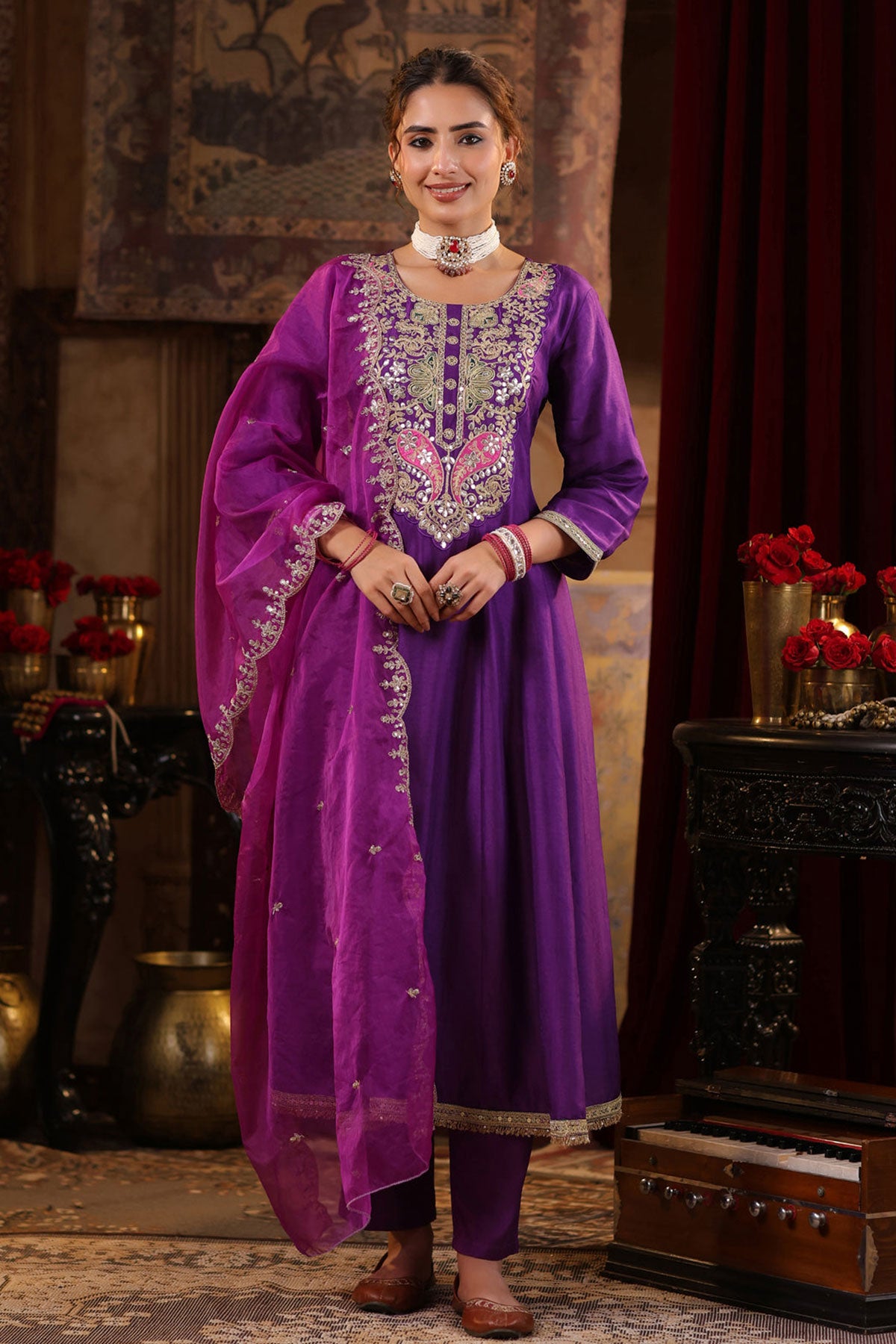 Purple Silk Embroidered Anarkali Styled Suit Set