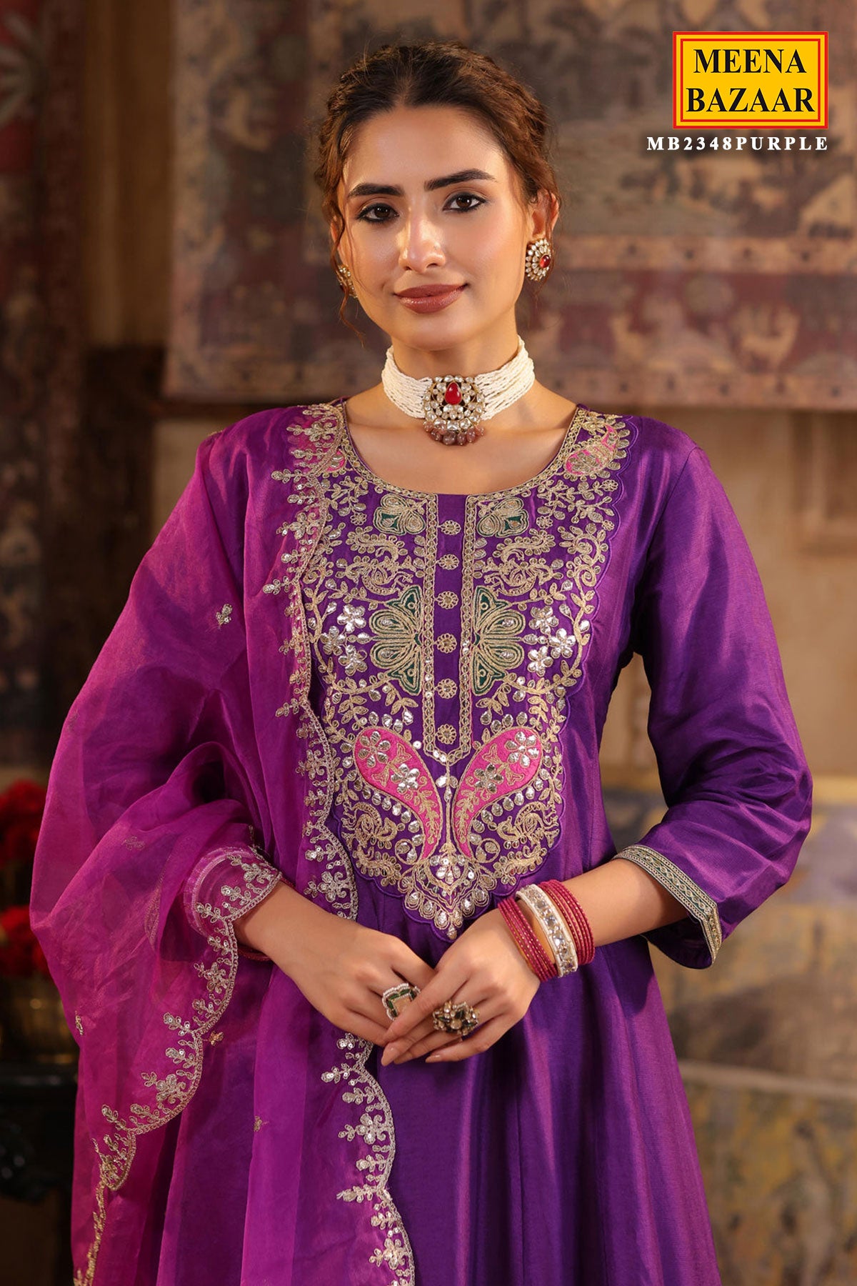 Purple Silk Embroidered Anarkali Styled Suit Set