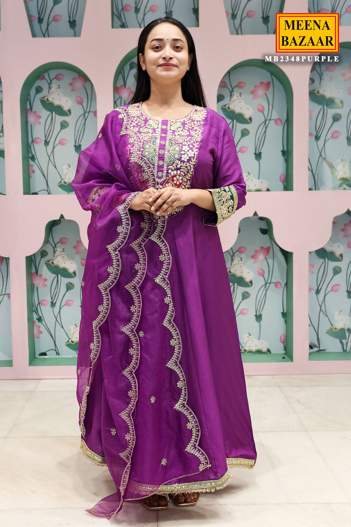 Purple Silk Embroidered Anarkali Styled Suit Set