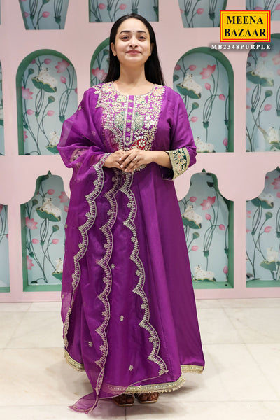 Purple Silk Embroidered Anarkali Styled Suit Set