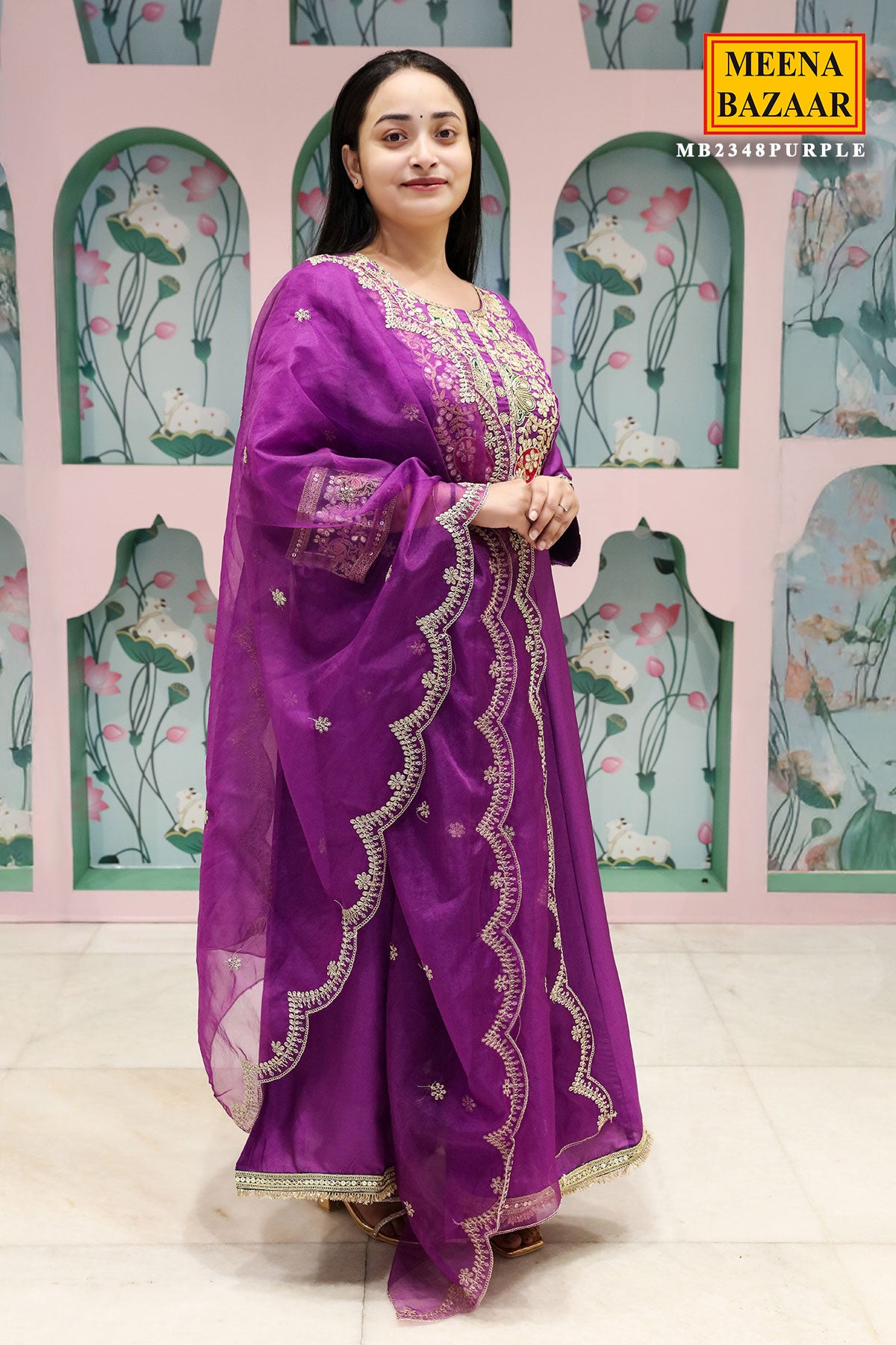 Purple Silk Embroidered Anarkali Styled Suit Set