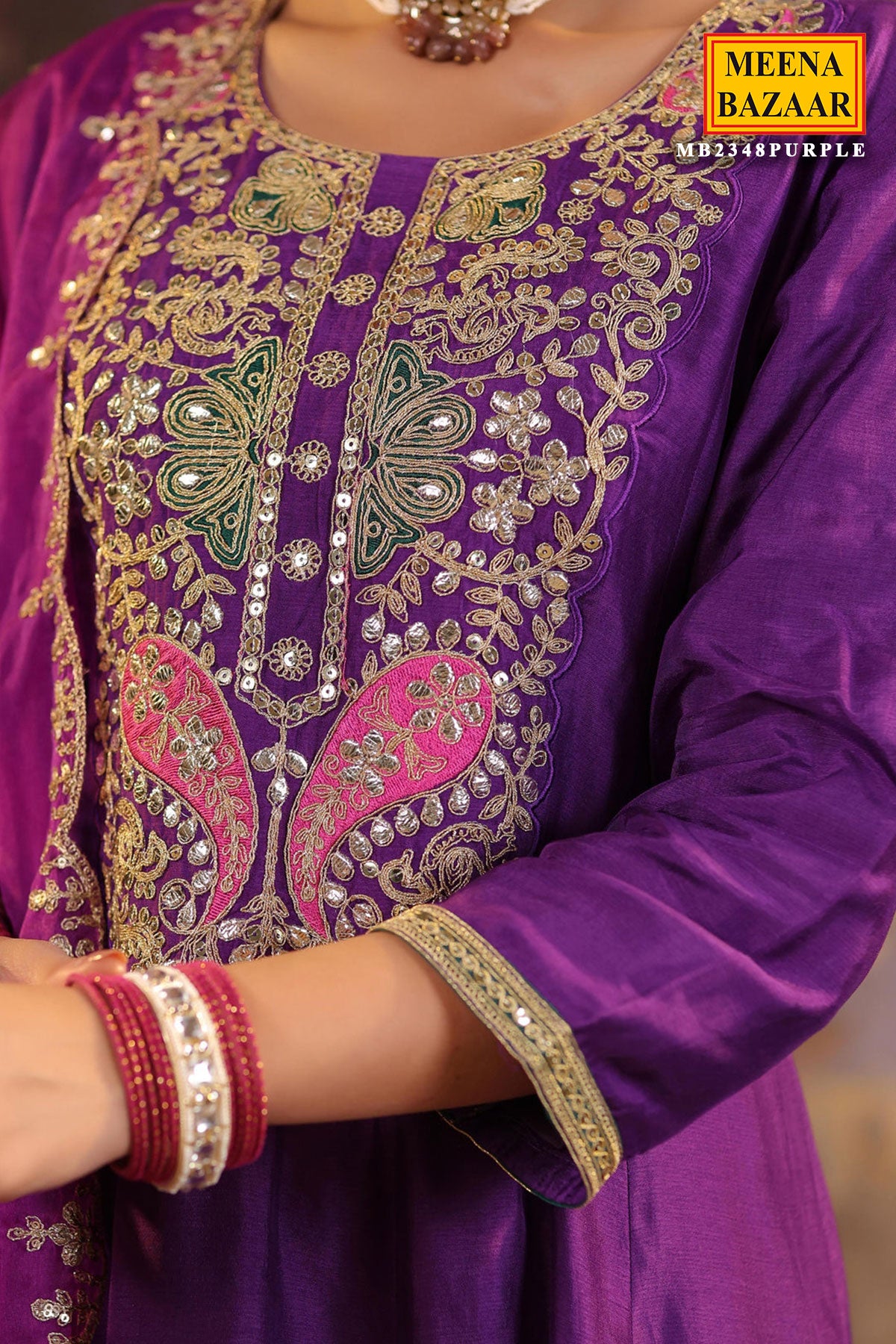 Purple Silk Embroidered Anarkali Styled Suit Set