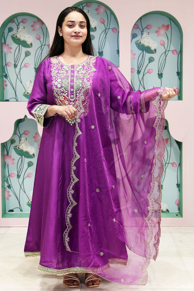 Purple Silk Embroidered Anarkali Styled Suit Set