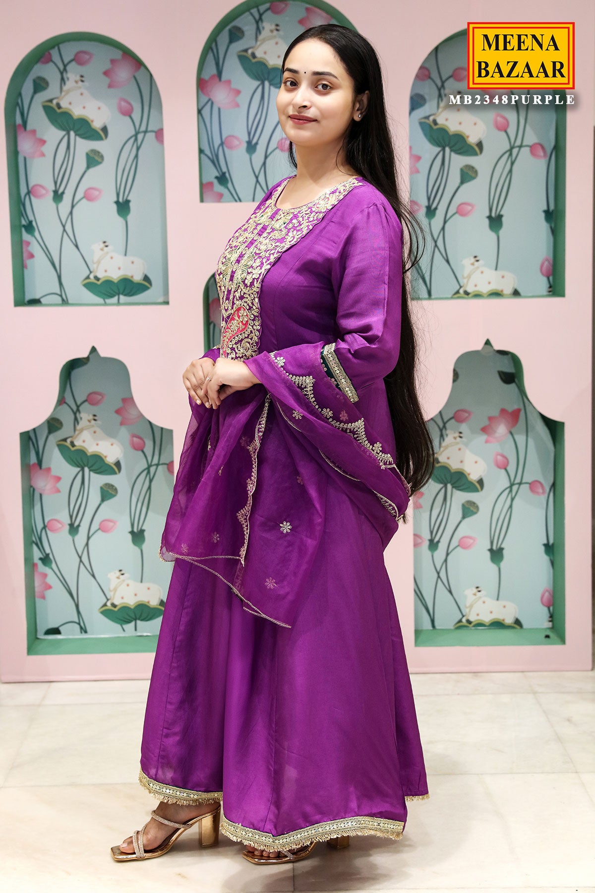 Purple Silk Embroidered Anarkali Styled Suit Set