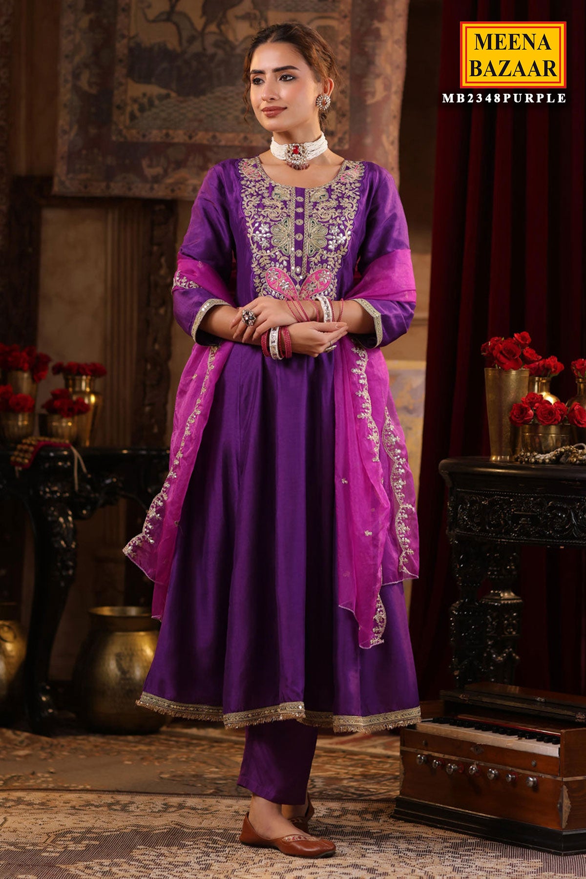 Purple Silk Embroidered Anarkali Styled Suit Set