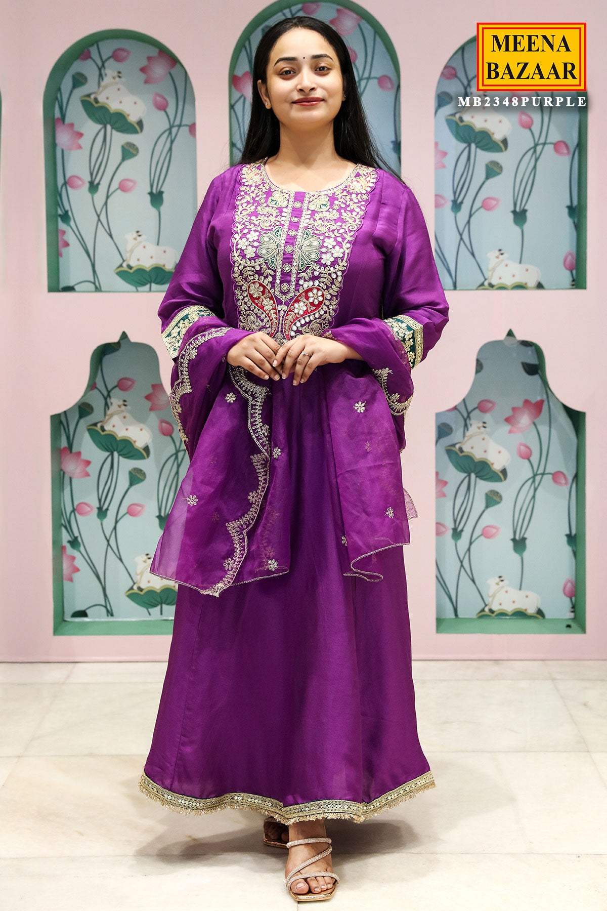 Purple Silk Embroidered Anarkali Styled Suit Set