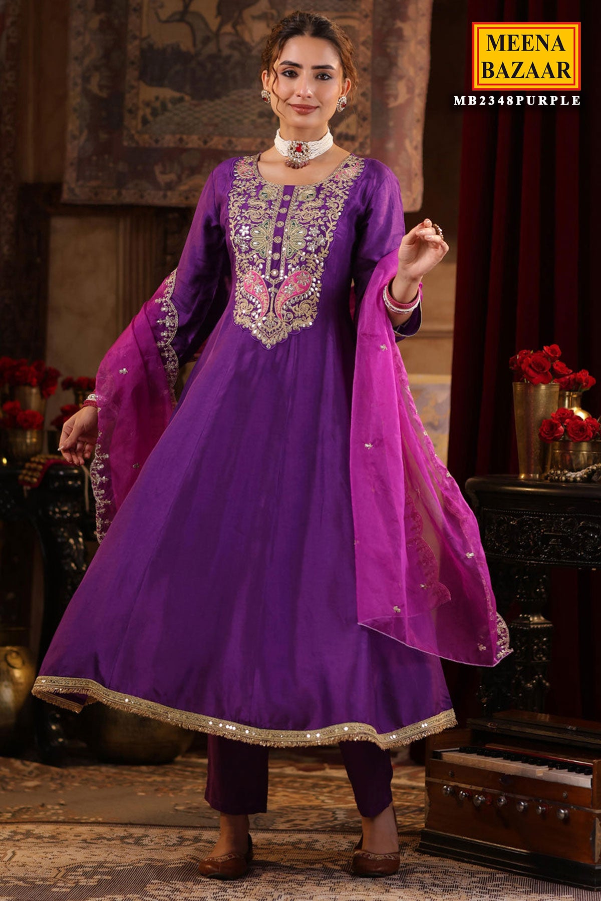 Purple Silk Embroidered Anarkali Styled Suit Set