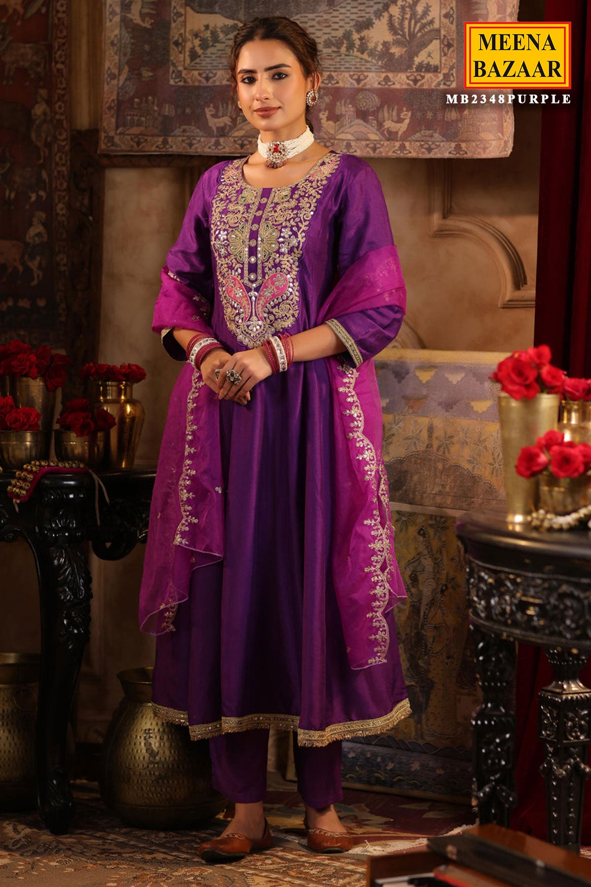 Purple Silk Embroidered Anarkali Styled Suit Set