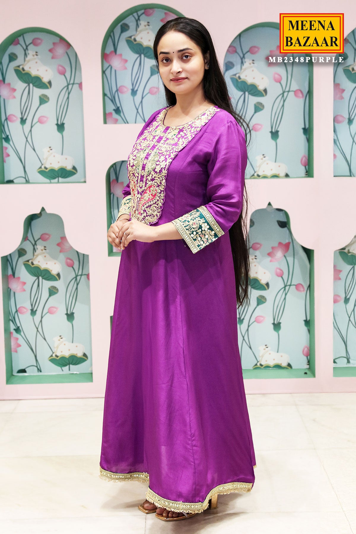 Purple Silk Embroidered Anarkali Styled Suit Set