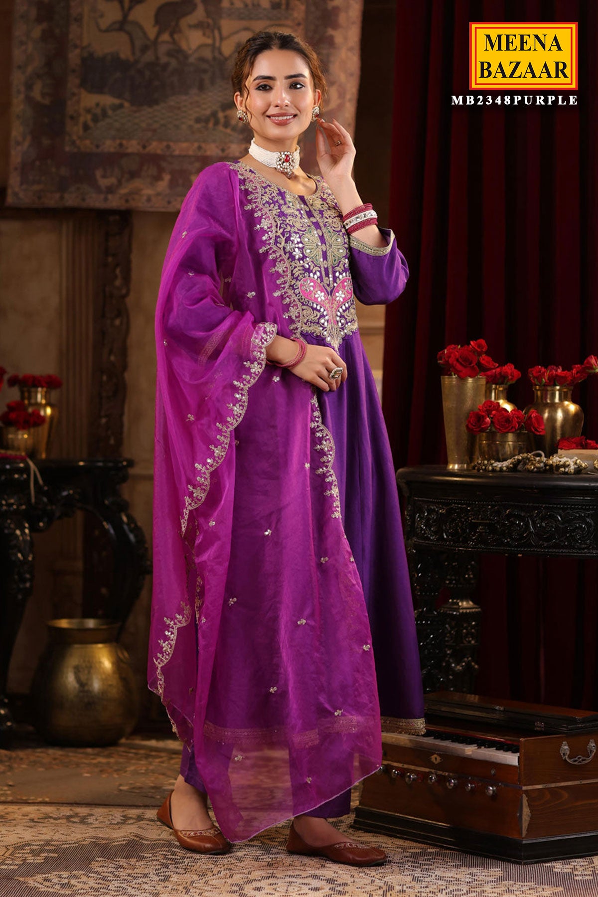 Purple Silk Embroidered Anarkali Styled Suit Set