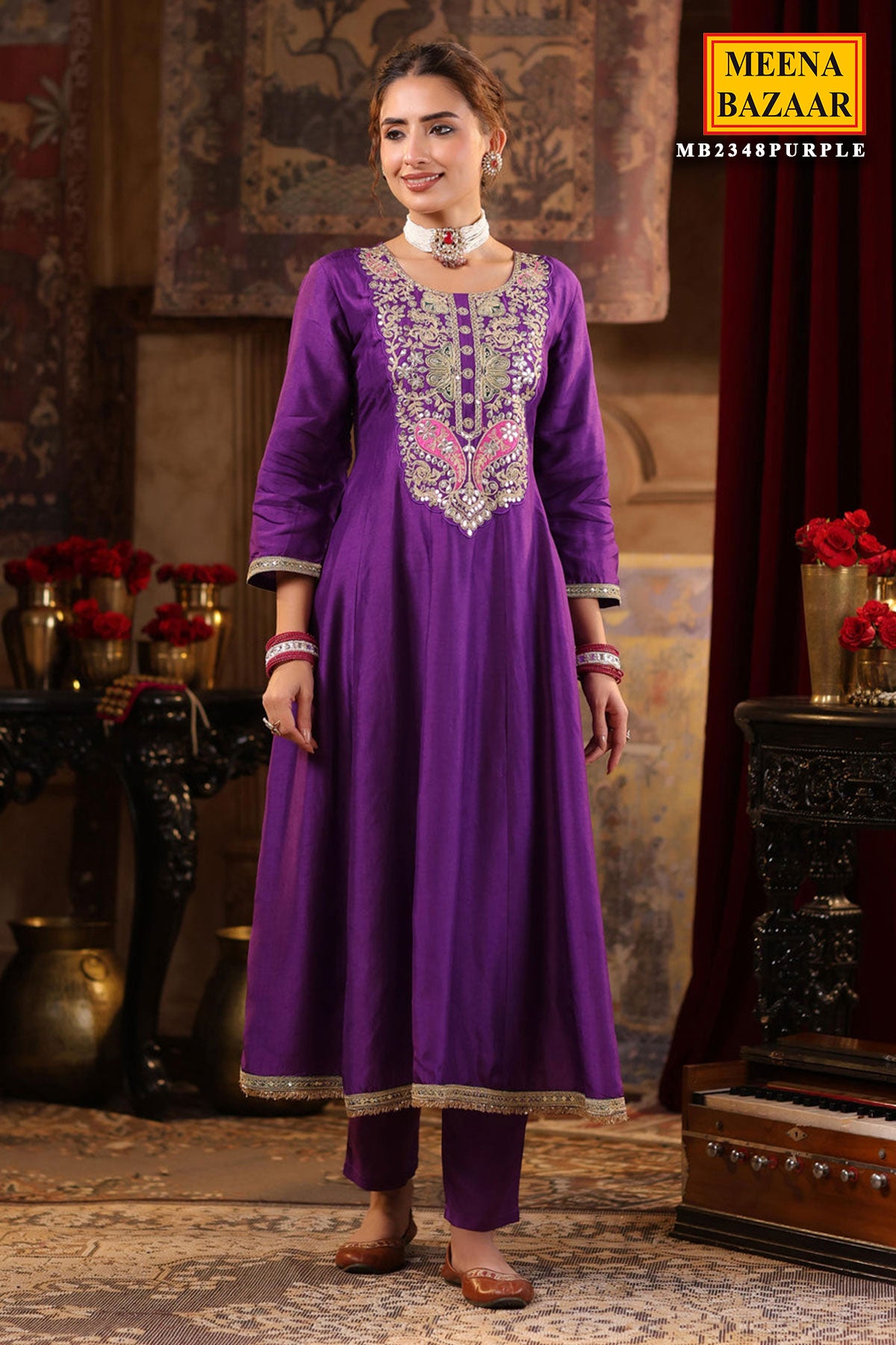 Purple Silk Embroidered Anarkali Styled Suit Set