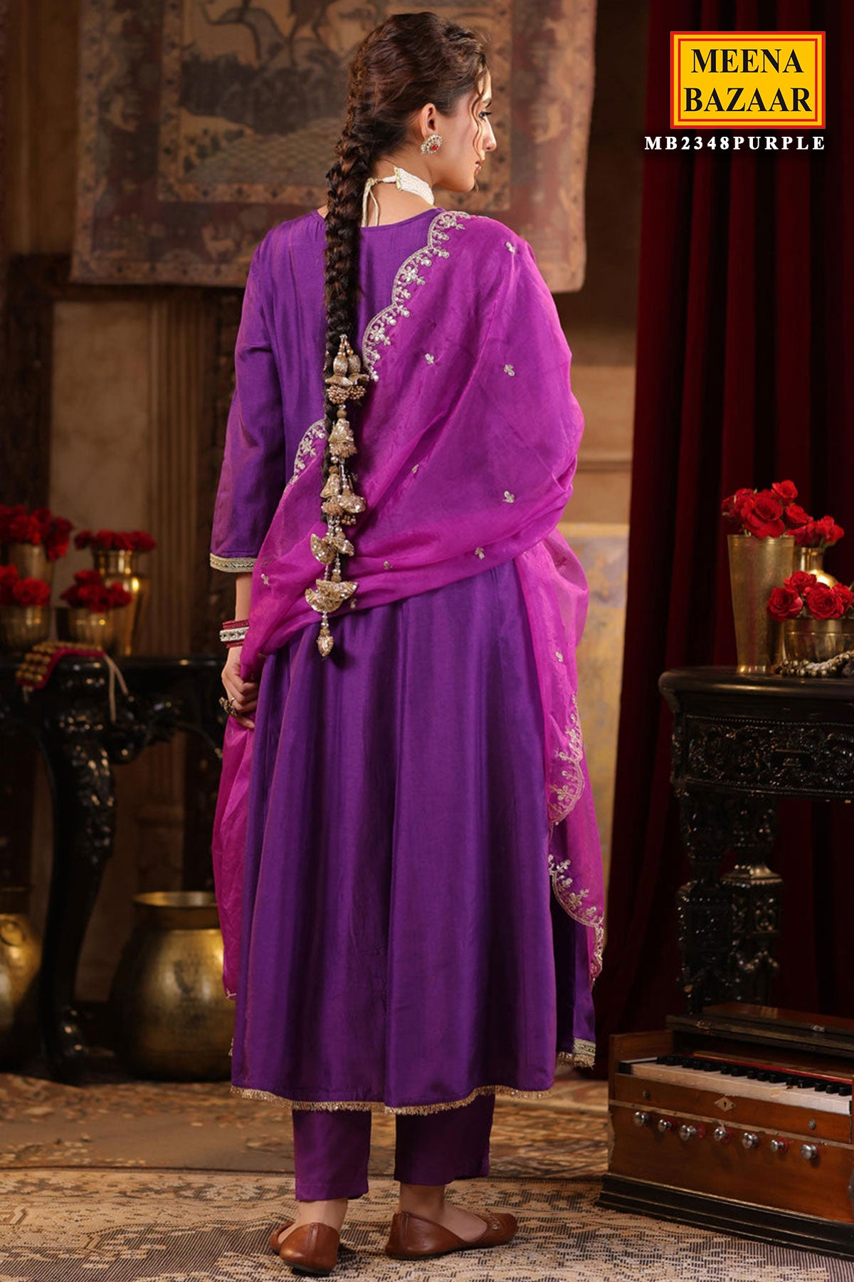 Purple Silk Embroidered Anarkali Styled Suit Set