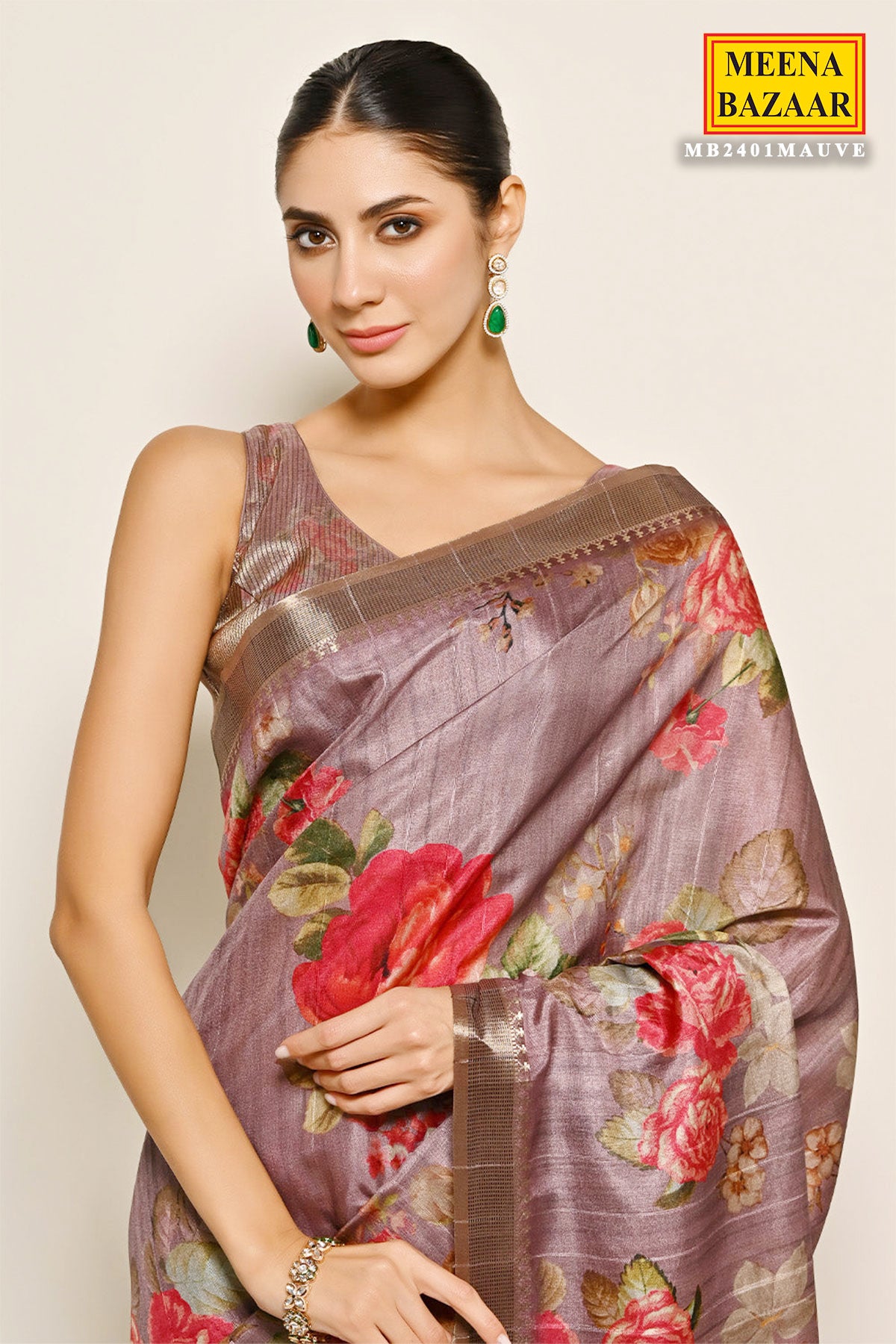 Mauve Tussar Silk Floral Printed Saree