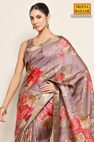 Mauve Tussar Silk Floral Printed Saree