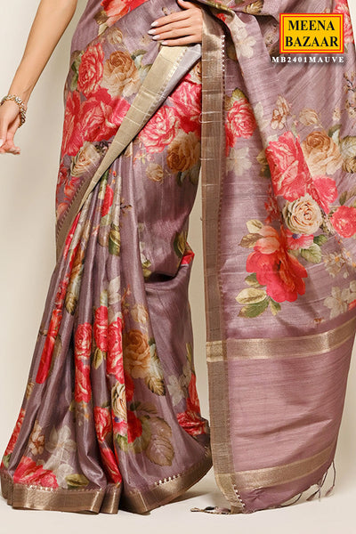 Mauve Tussar Silk Floral Printed Saree