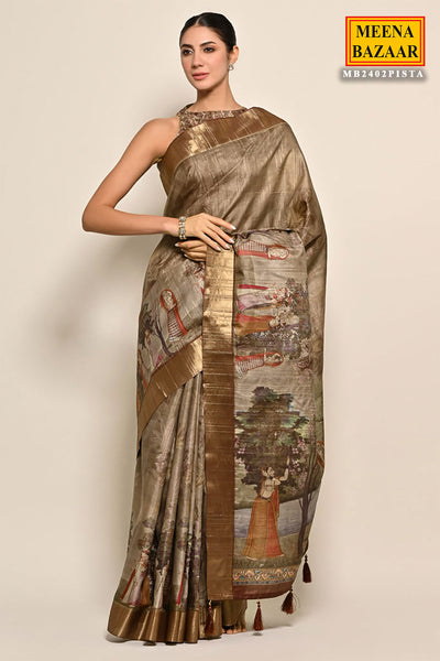 Pista Brown Tussar Digital Printed Saree