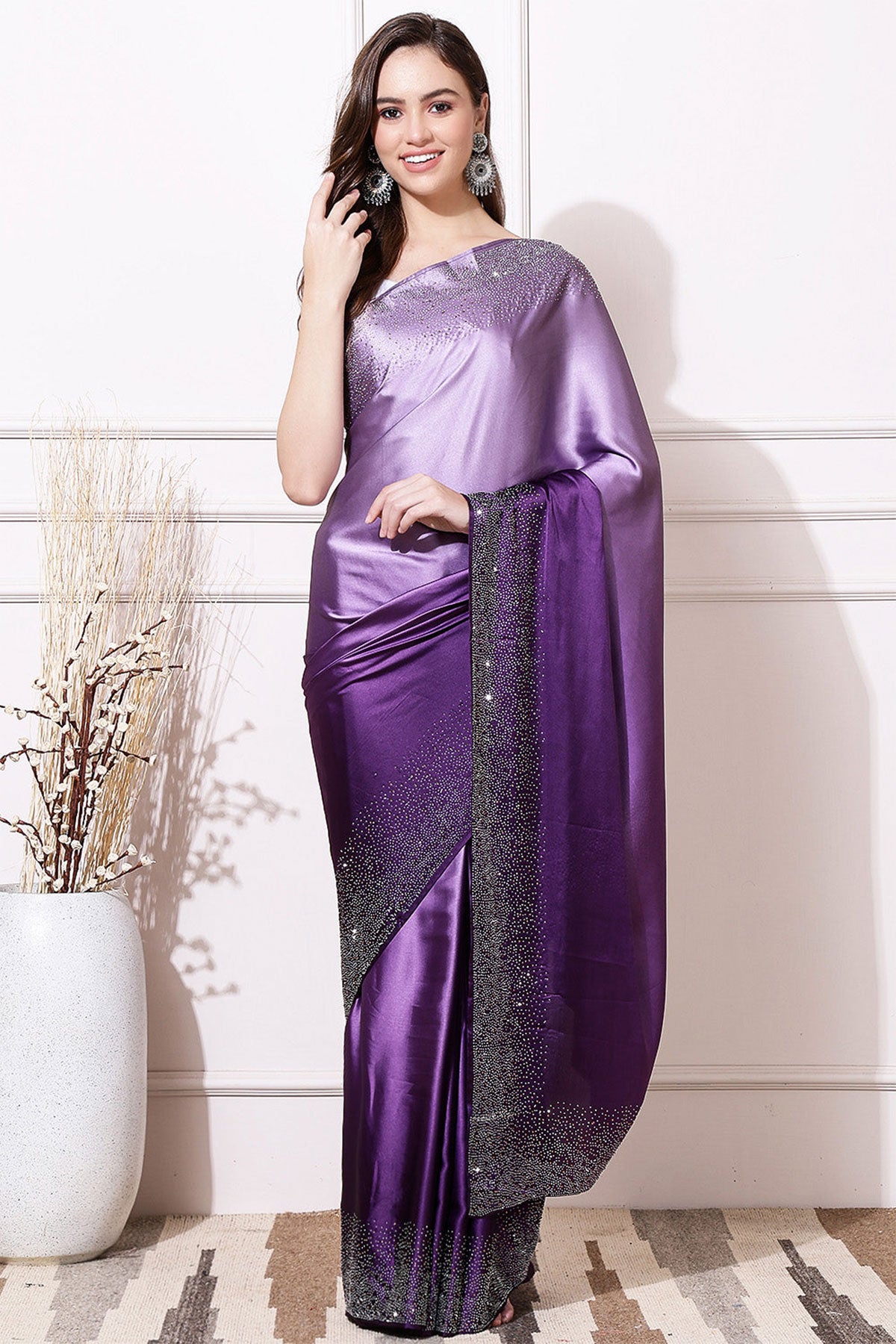 Mauve Swarovski Embroidered Satin Saree