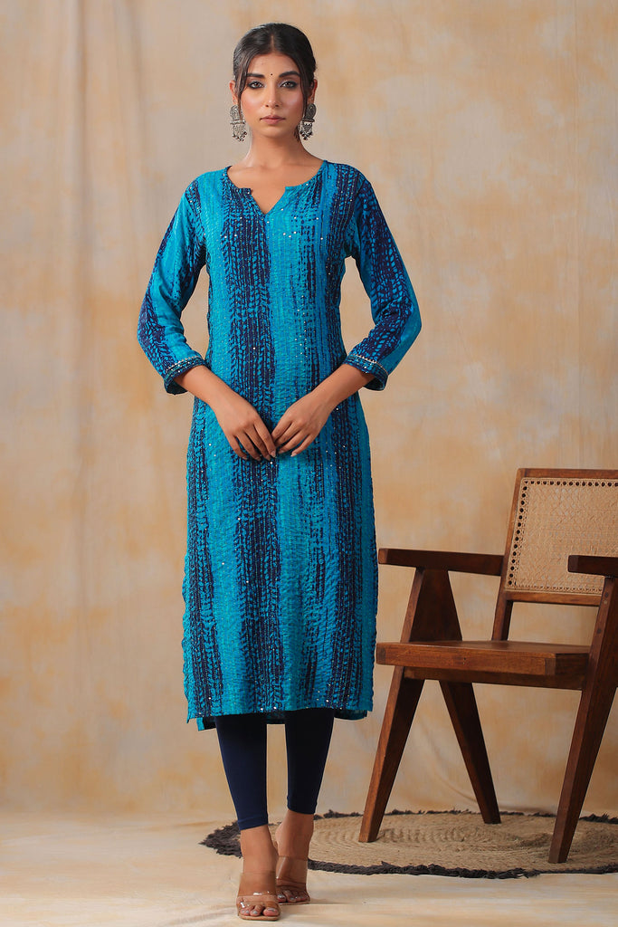 Blue Rayon Printed Kurti with Thread and Sequins Embroidery