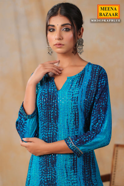 Blue Rayon Printed Kurti with Thread and Sequins Embroidery