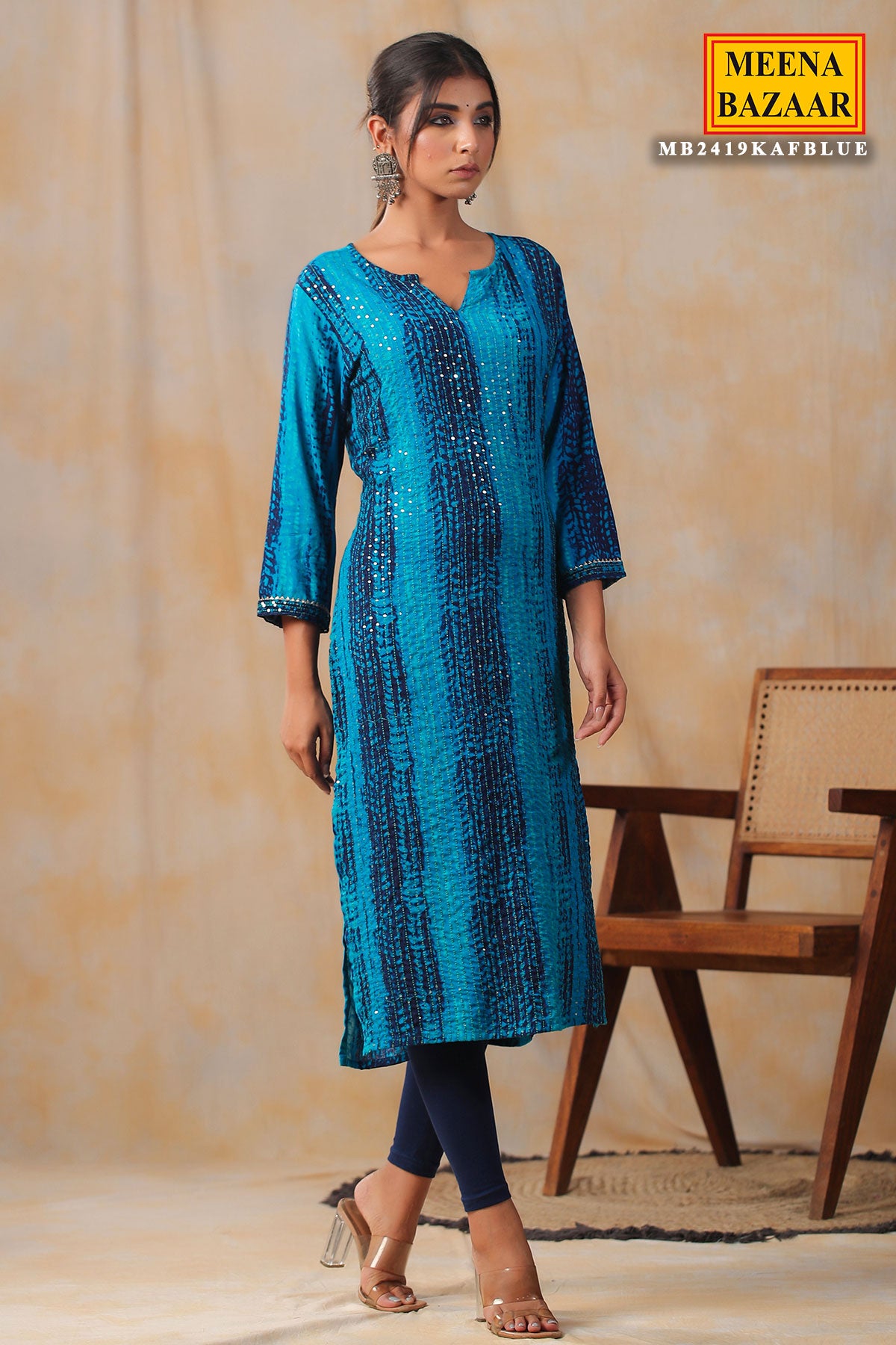 Blue Rayon Printed Kurti with Thread and Sequins Embroidery