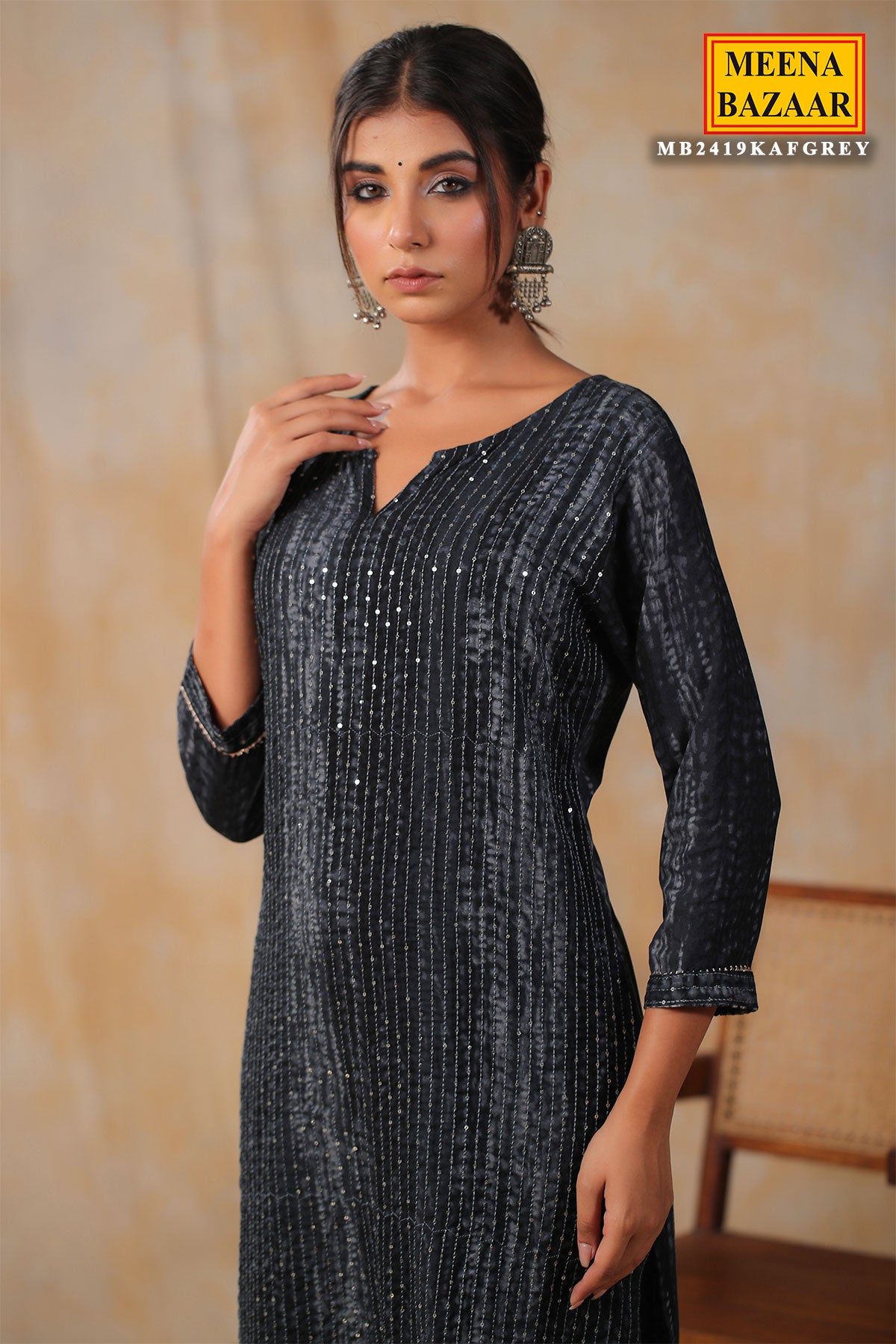 Grey Rayon Printed Kurti with Thread and Sequins Embroidery